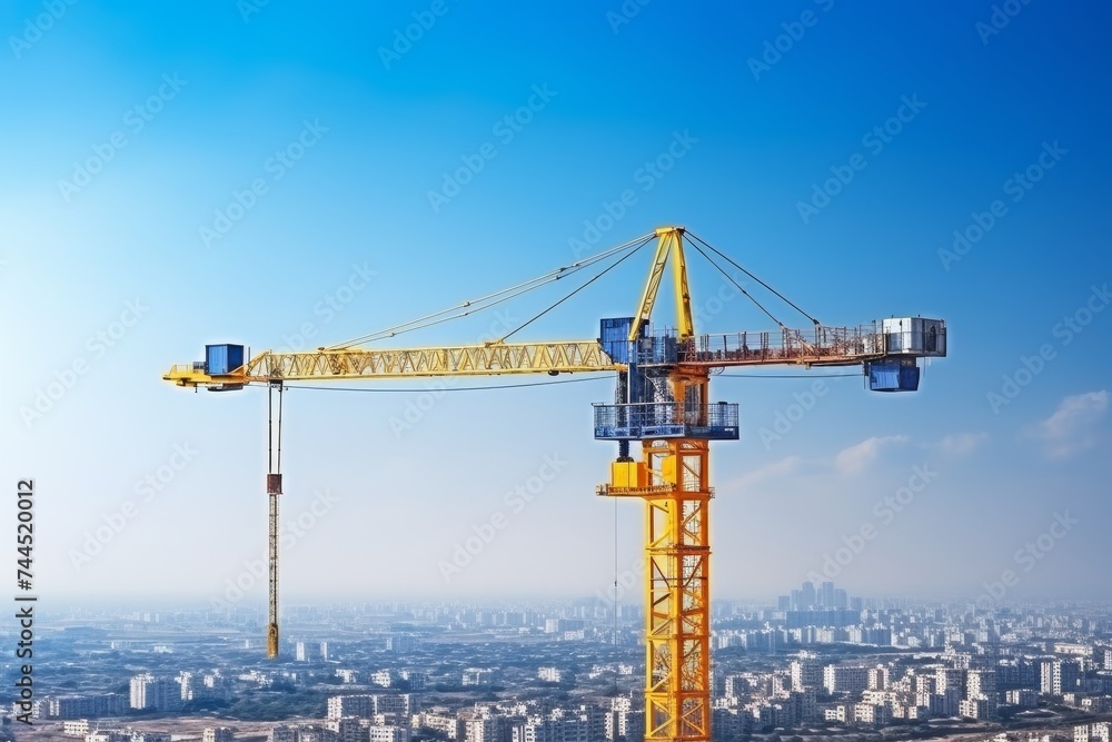 Elevated construction crane and busy building site with clear blue sky on a sunny day