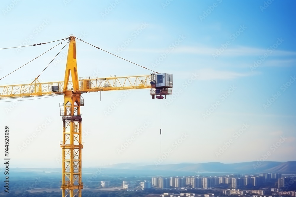Urban construction site with towering crane and steel beams against clear blue sky