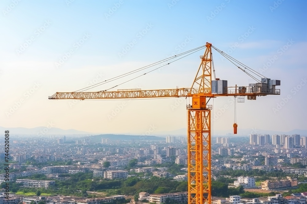 Construction crane and industrial workers at building site under a beautiful blue sky