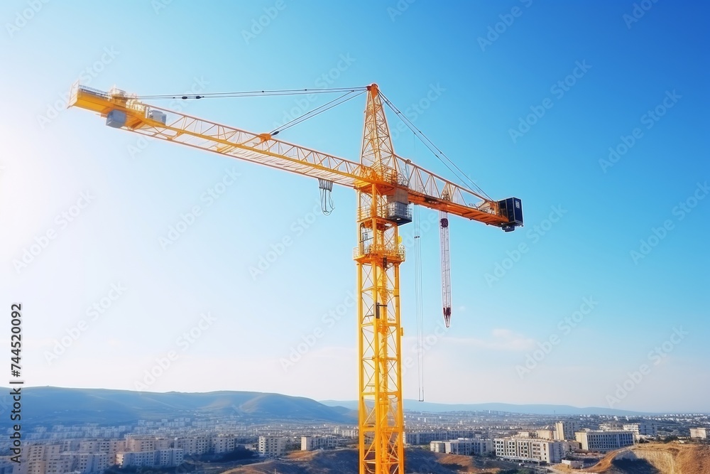 Tower cranes at urban building construction site amidst a beautiful clear blue sky