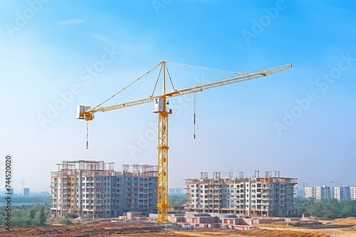Construction site with crane and building set against the stunning blue sky background