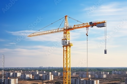 Urban development with construction crane at building site against clear blue sky