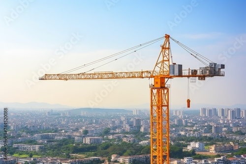 Construction crane and industrial workers at building site under a beautiful blue sky
