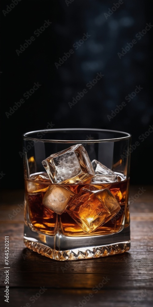 An one glass of whiskey with ice on wooden table and dark background
