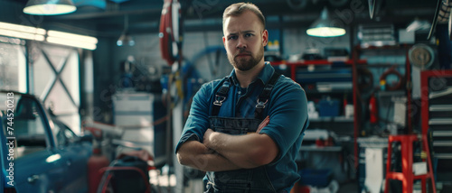 Determined mechanic stands with crossed arms in well-equipped auto workshop.