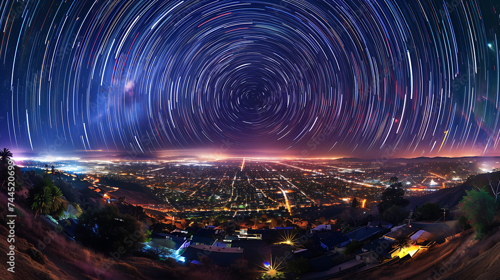A long exposure photo of a night sky filled with stars, with city lights twinkling below, resembling a cosmic picnic blanket.