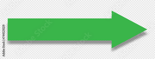 A green arrow with a shadow on a transparent background indicates the direction of movement. Arrow icon, pointer, road sign. Vector EPS 10.