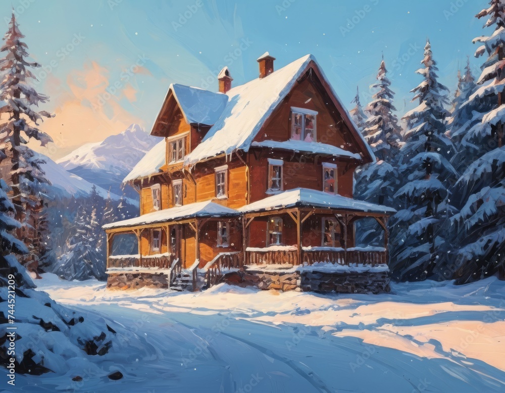 Naklejka premium Winter house. Snow. Forest. Illustration