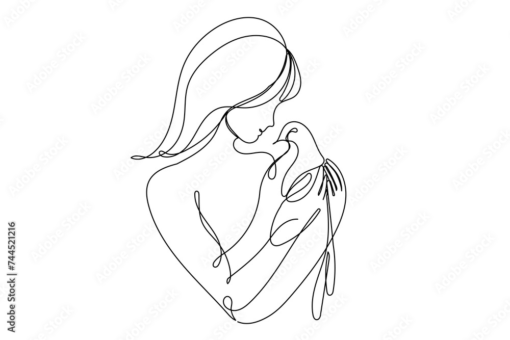Line Art Woman And Bird Portrait. Doodle Sketch Continuous Editable vector Line Icon Isolated On White Line Art Woman And Bird Portrait. Doodle Sketch Continuous Editable vector Line Icon Isolated On White