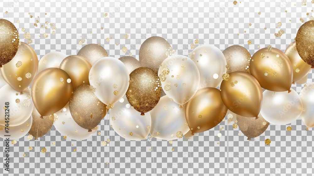 Gold, silver and white balloons with confetti on transparent background ...