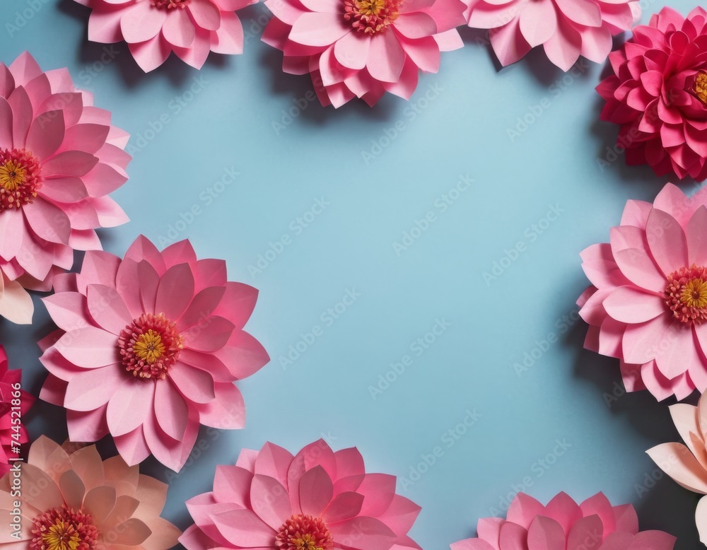 Background of pink and purple paper flowers on blue background