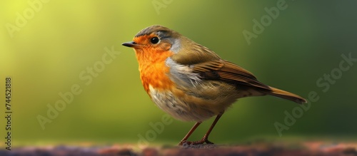 European robin red-breasted bird perched on a tree trunk blur background