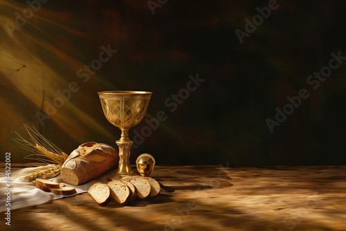 Communion chrétienne, protestante ou catholique. Le pain est le corps du Christ, le vin le sang de Jésus.  Du pain, du vin dans un calice, et un ostensoir pour l'eucharistie, tissu blanc et épi de blé photo