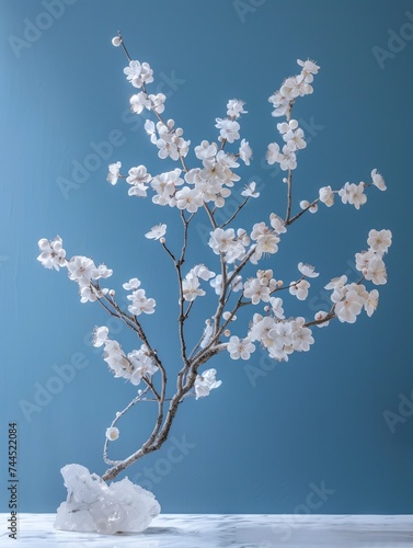Organic background, minimal leaves flower. White and pastel blue, colorful nature.