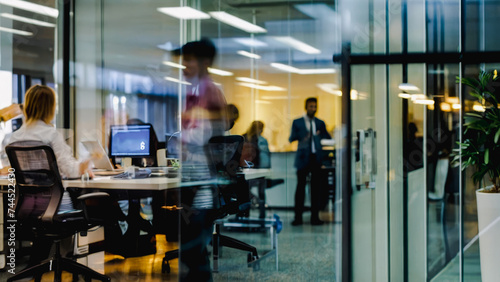 Modern office interior blur background, transparent glass partition, reflective reflection and refraction, Beautiful blurred background of a modern office interior