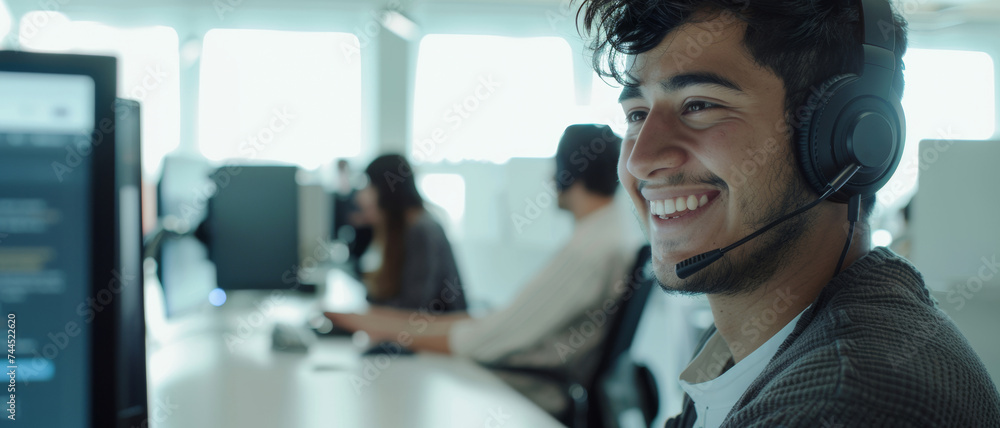 Smiling customer support operator with headset, working in busy office environment. Smiling customer support operator with headset, working in busy office environment.
