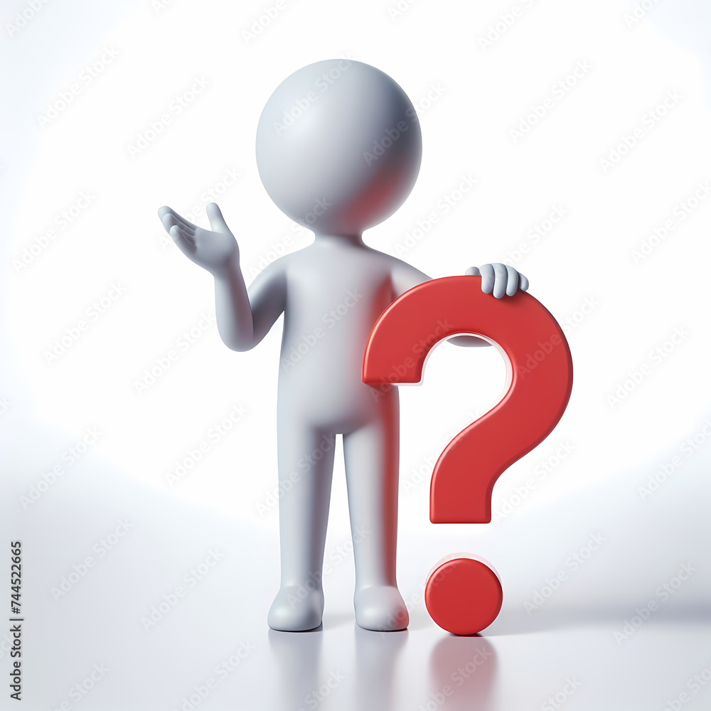 a 3D human figure standing with one hand raised and holding a red question mark symbol in the other hand, generative ai a 3D human figure standing with one hand raised and holding a red question mark symbol in the other hand, generative ai