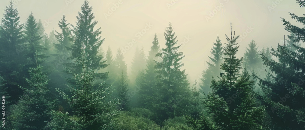 Misty forest dreamscape envelops a lonely cabin, inviting contemplation and mystique. - obrazy, fototapety, plakaty 