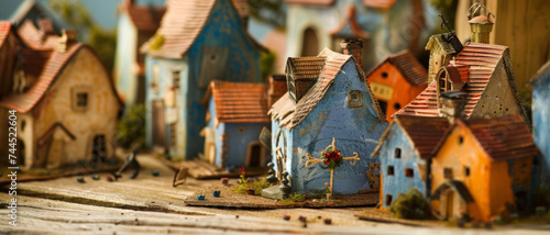 Charming miniature village scene with intricate details and whimsical colors.