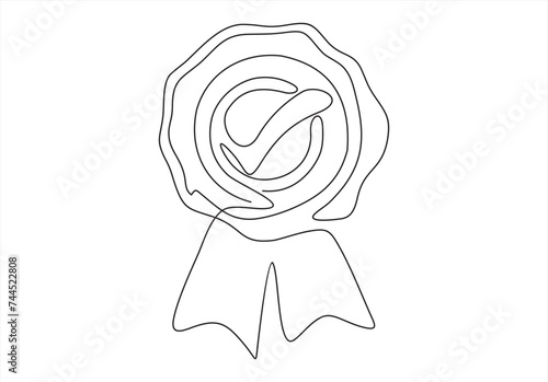 Quality and compliance, award to winner, continuous one art line drawing. Assurance sign, premium level, product warranty. Rosette ribbon with tick. Vector outline illustration