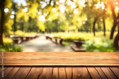 Empty wooden deck table over green meadow bokeh background for product montage display. Spring or summer season concept