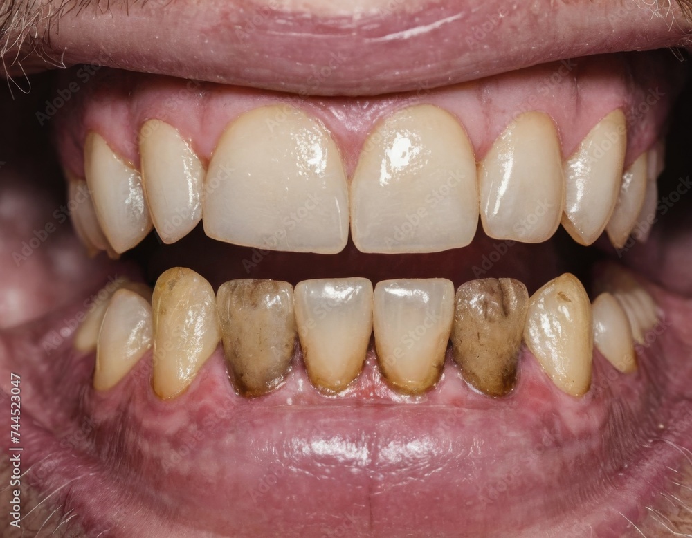 Obraz premium Teeth with a lot of tartar and plaque. Concept of unhealthy dirty teeth. Smoker's teeth