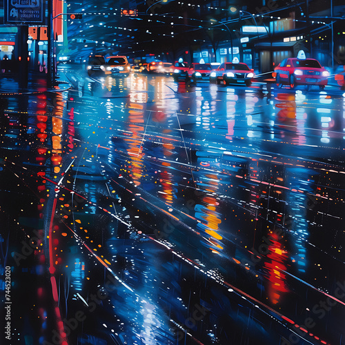 A modern city at night, where the car lights reflect on wet pavement, creating abstract, colorful lines