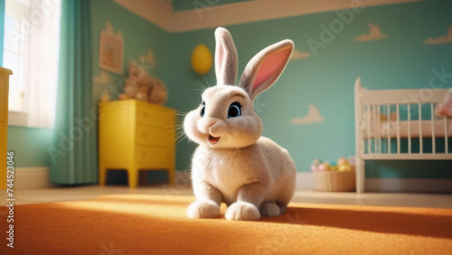 Healthy Lovely fluffy rabbit at kinder room. Adorable baby bunny in sun Cinematic Lighting © Yekatseryna