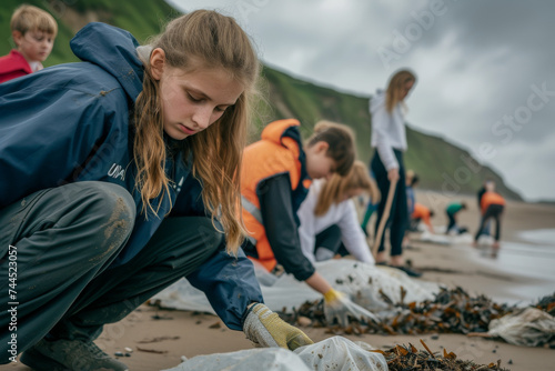 Teenagers engaged in a beach clean-up, working together with enthusiasm to protect the environment. © Adrian
