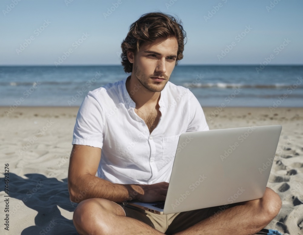 An young man sitting on a beach with laptop and working remotely