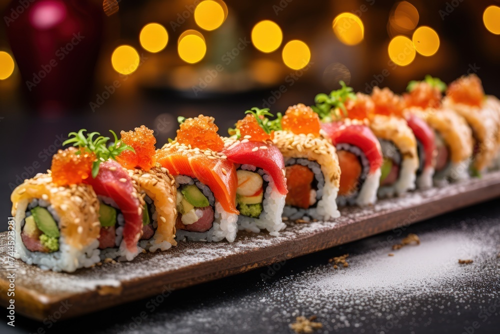 Rainbow Sushi Roll with salmon ,Sushi roll japanese food Rainbow Sushi Roll with salmon ,Sushi roll japanese food