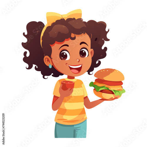 Child girl eat burger. Harmful snack, fast food. Unhealthy food. Cartoon ai