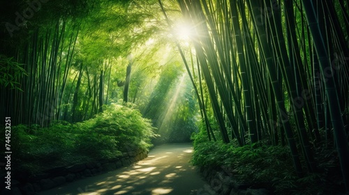 Lush bamboo forest  where sunlight filters through the dense canopy