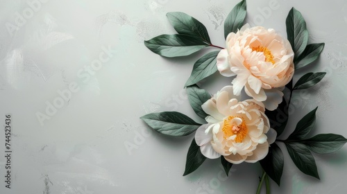 The background is decorated with gray. bright yellow peony light gray background