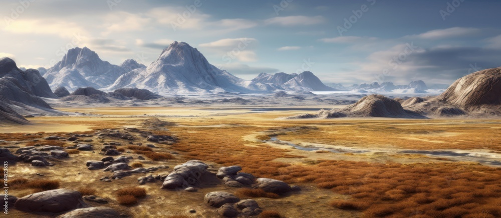 expanses of dry land and mountains with snow peaks