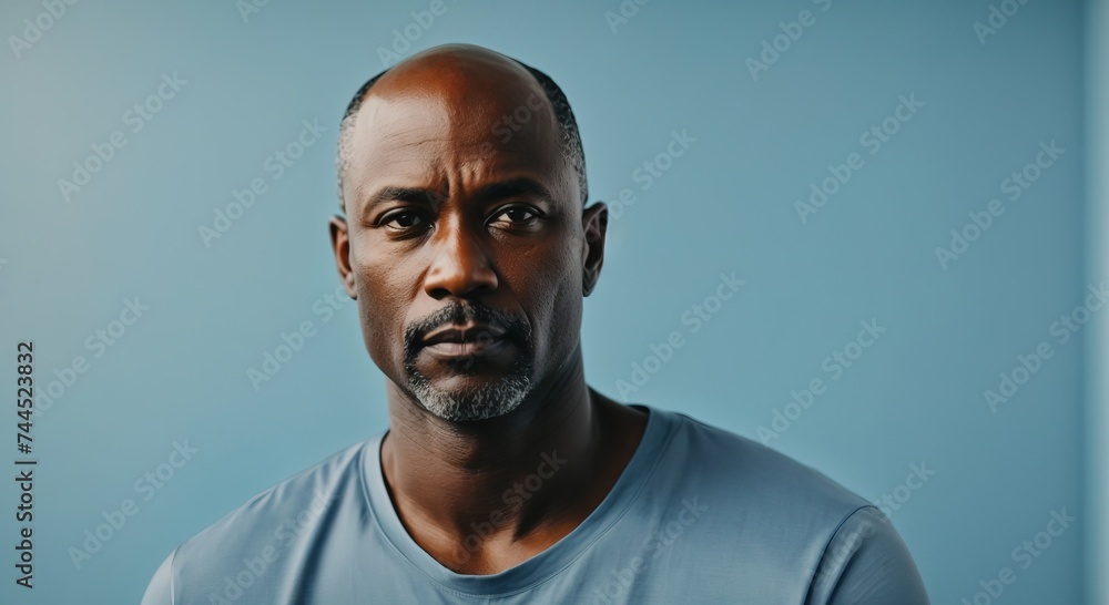 Portrait bald african man athletic, in blue background Portrait bald african man athletic, in blue background