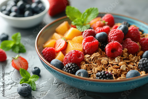 Desayuno ecologico sano y saludable frutos rojos y cereales en cuenco photo