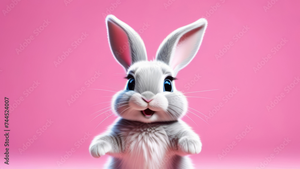 Fototapeta premium Cartoon cute bunny dancing on pink background with copy space. Happy easter