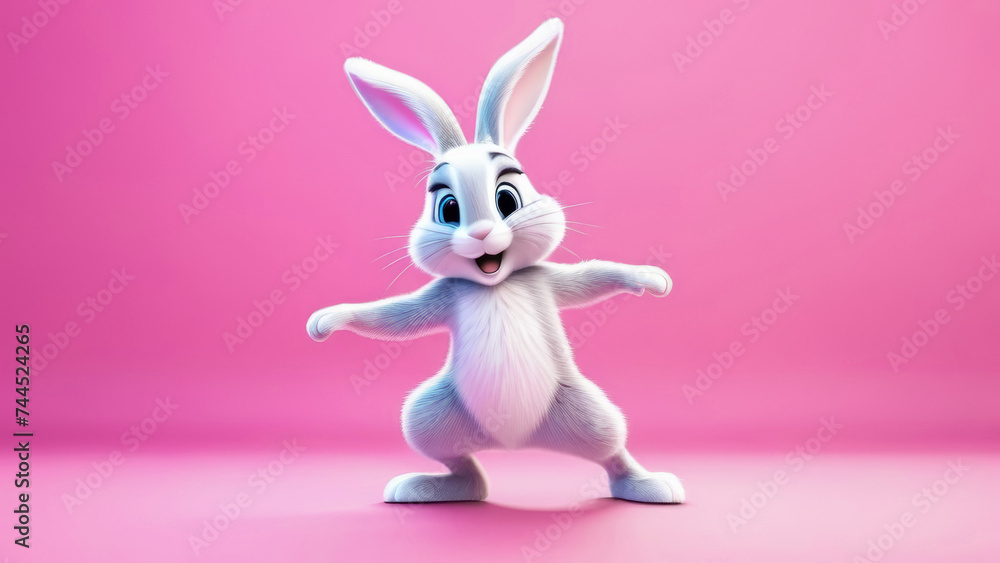 Cartoon cute bunny dancing on pink background with copy space. Happy easter banner Cartoon cute bunny dancing on pink background with copy space. Happy easter banner
