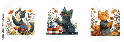 Master Gardener Cat Tending Flowers, Botanical Expert Feline Vector Illustration animal character vector illustration set