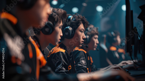 A team of focused esports gamers competes in a tournament while wearing headsets and team jerseys.