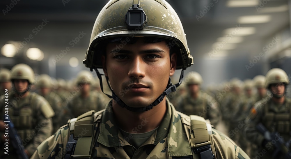Male soldier in military uniform with a helmet Male soldier in military uniform with a helmet