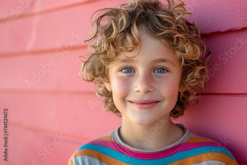Curlyhaired blueeyed young boy standing in front of a vibrant pink wall in a playful pose photo