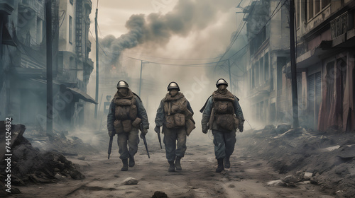  soldiers walking through the smoke of a city during an earthquake