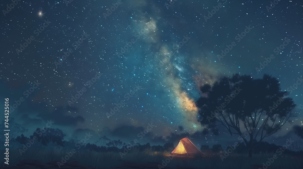 Stargazer's Retreat: A Solitary Tent Under the Vast Starry Sky with the Milky Way, Serene Camping Experience