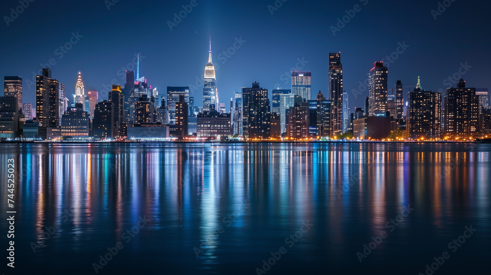 Metropolitan Nightscape: City Skyline Illuminated with Reflective Waters at Night, High-Resolution Photography