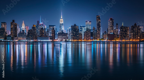Metropolitan Nightscape: City Skyline Illuminated with Reflective Waters at Night, High-Resolution Photography