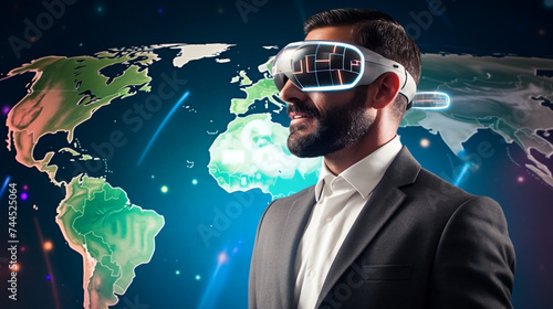 Businessman with virtual reality technology connection for futuristic communication. Digital innovation future computer concept, modern network cyberspace, world map information interface. Ai Generate