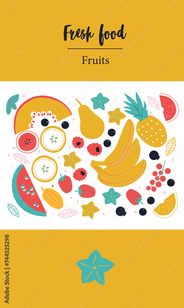 Fruits and berries collection. Flat Vector. Healthy