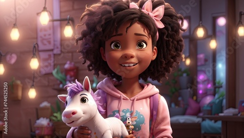 Adorable 3D and Digital Renderings of a Cute African American Girl with a Stuffed Unicorn